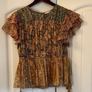 Anthropologie Let Me Be Paisley Ruffle Blouse - Orange, Brown, Green